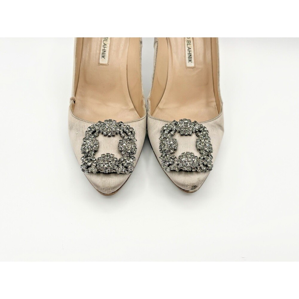 Manolo Blahnik Light Grey Satin Hangisi Rhinestone Embellished Heels Size EU 38 - Picture 5 of 15